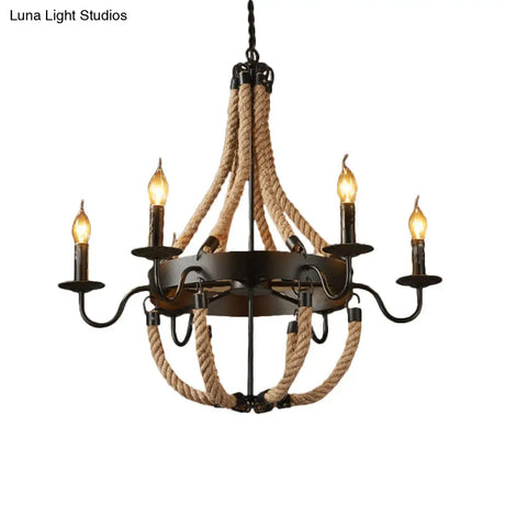 Countryside Hanging Chandelier With 6/8 Brown Bulbs And Hemp Rope Basket Pendant Design
