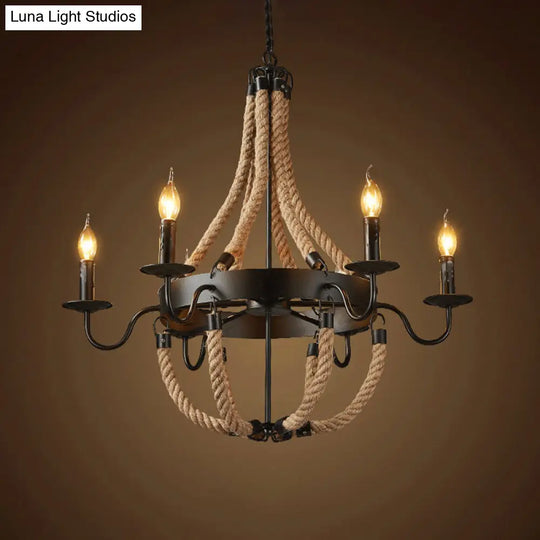 Countryside Hemp Rope Chandelier With Candle Design - Brown 6/8 Bulbs Pendant Lighting