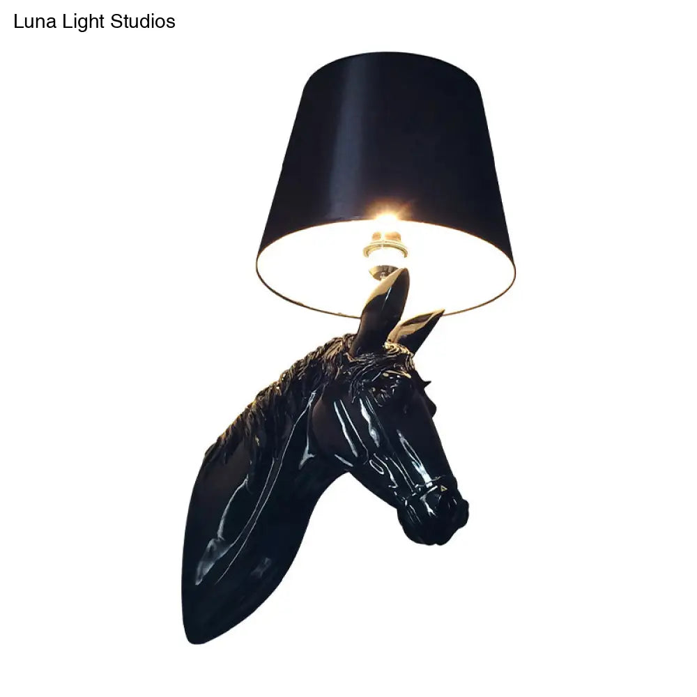 Countryside Horse Head Wall Sconce Light With Conical Lampshade Black/White