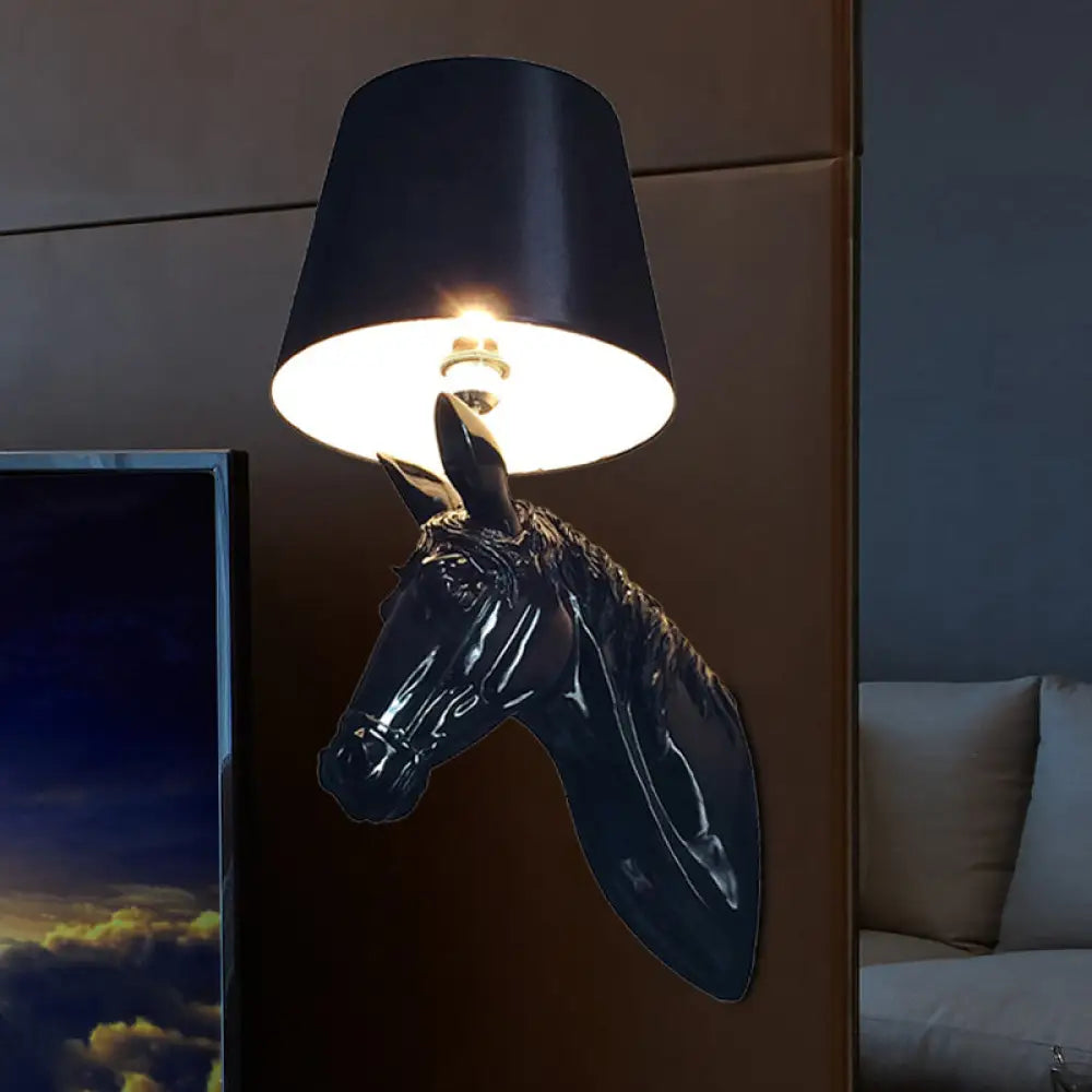 Countryside Horse Head Wall Sconce Light With Conical Lampshade Black/White Black