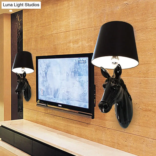 Countryside Horse Head Wall Sconce Light With Conical Lampshade Black/White