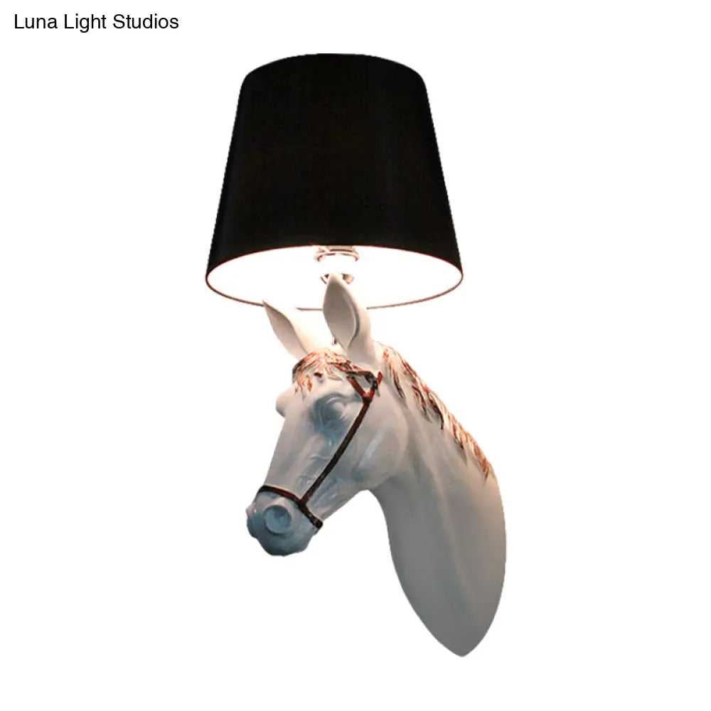 Countryside Horse Head Wall Sconce Light With Conical Lampshade Black/White