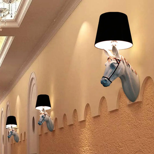 Countryside Horse Head Wall Sconce Light With Conical Lampshade Black/White White