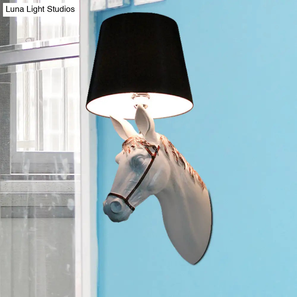 Countryside Horse Head Wall Sconce Light With Conical Lampshade Black/White