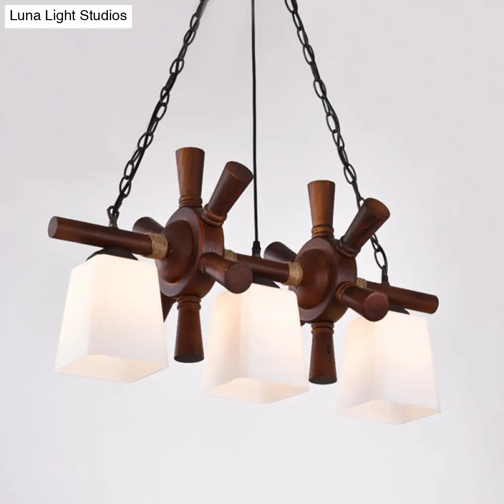 Countryside Island Pendant Light With Wooden Rudder Deco - White Glass & Brown Trapezoid Style 3