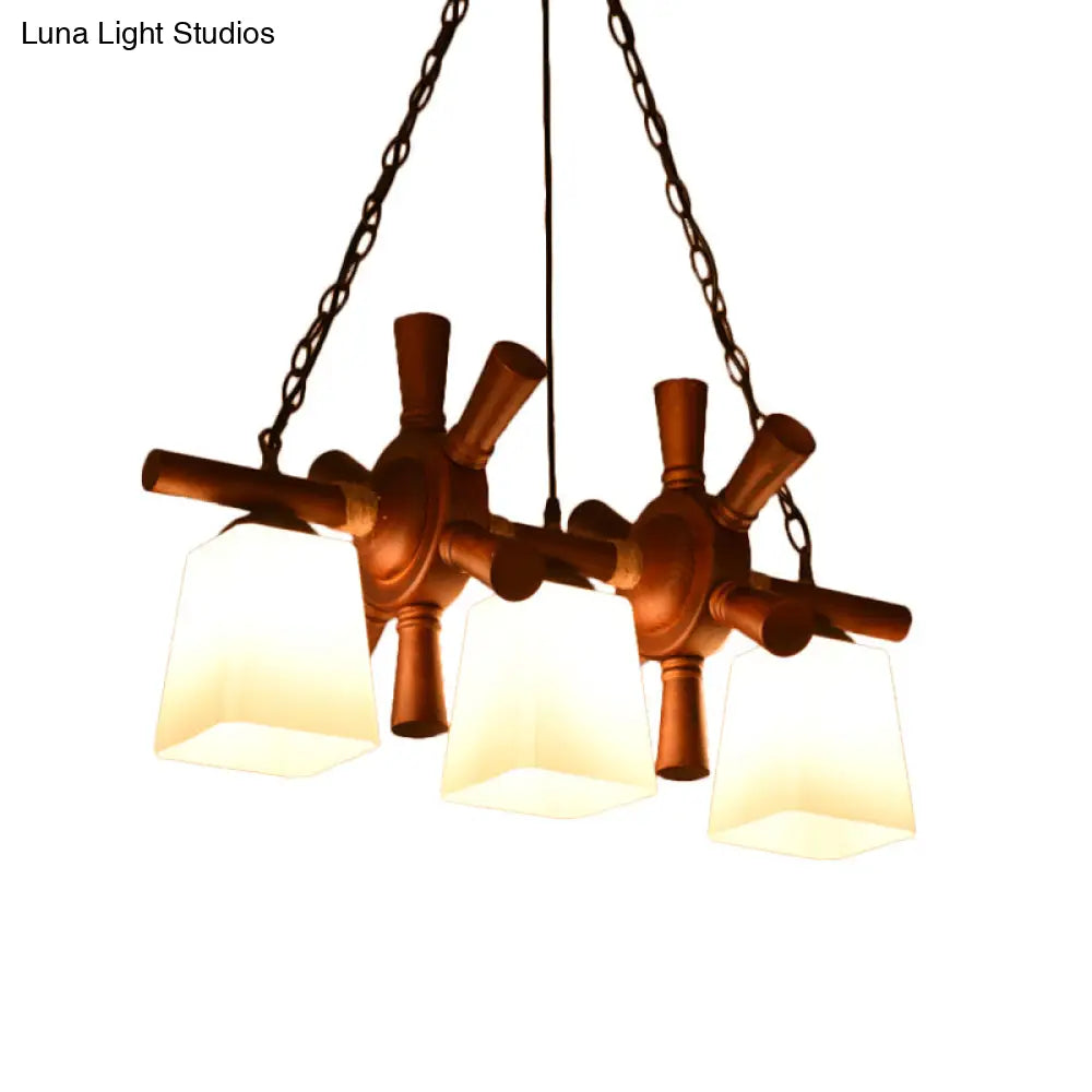 Countryside Island Pendant Light With Wooden Rudder Deco - White Glass & Brown Trapezoid Style 3