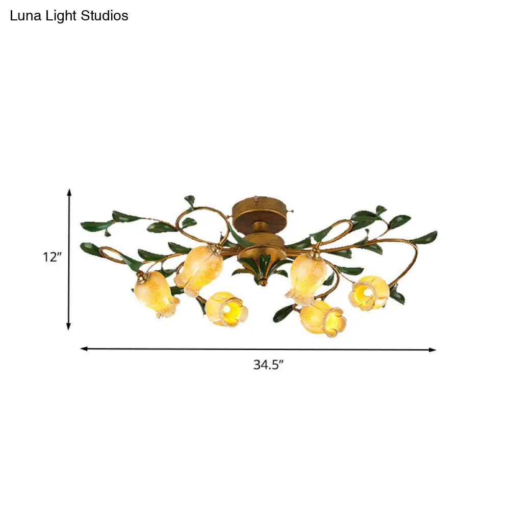 Countryside Lily/Tulip Metal Ceiling Fixture Led Flush Mount Lighting - 6/8 Bulbs Brass Finish