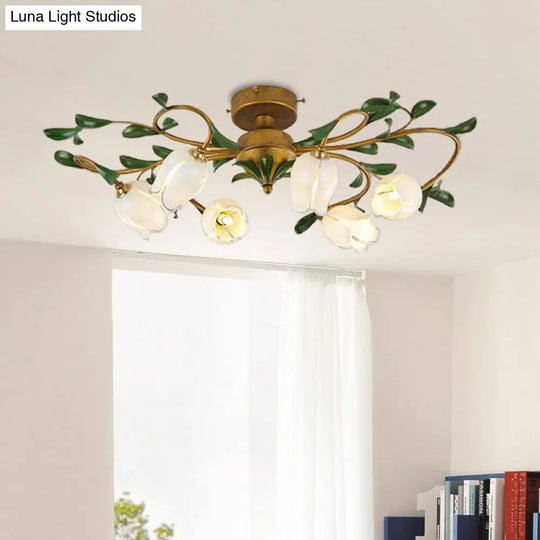 Countryside Lily/Tulip Metal Ceiling Fixture Led Flush Mount Lighting - 6/8 Bulbs Brass Finish