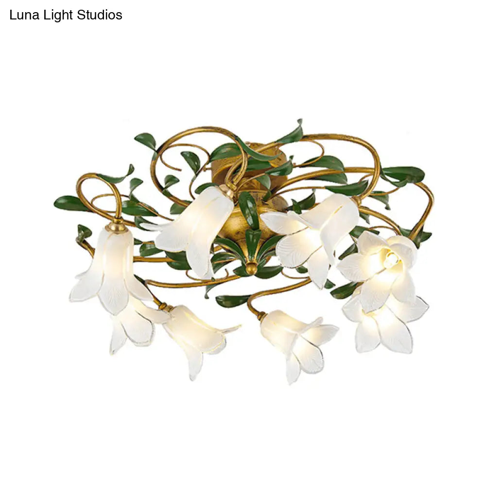 Countryside Lily/Tulip Metal Ceiling Fixture Led Flush Mount Lighting - 6/8 Bulbs Brass Finish