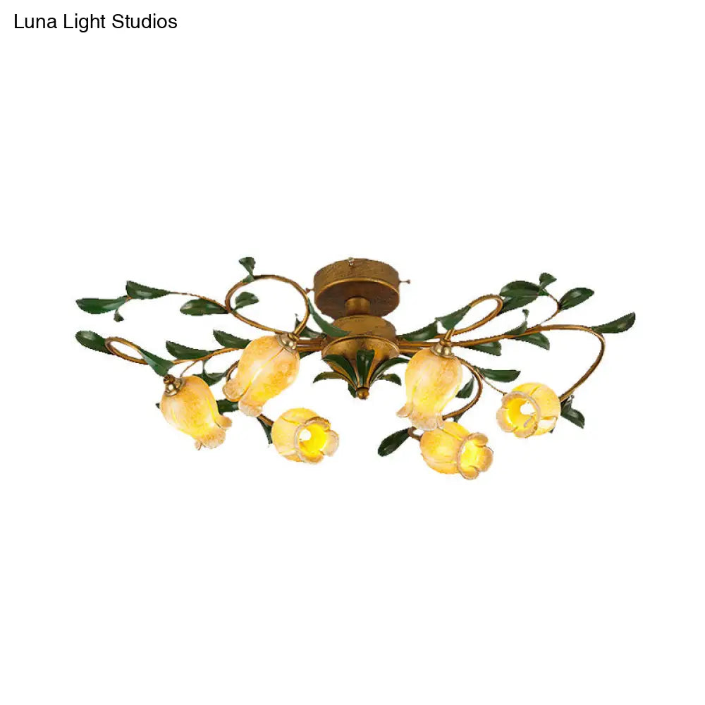 Countryside Lily/Tulip Metal Ceiling Fixture Led Flush Mount Lighting - 6/8 Bulbs Brass Finish
