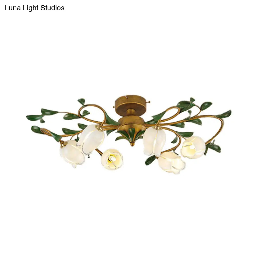 Countryside Lily/Tulip Metal Ceiling Fixture Led Flush Mount Lighting - 6/8 Bulbs Brass Finish