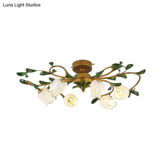 Countryside Lily/Tulip Metal Ceiling Fixture Led Flush Mount Lighting - 6/8 Bulbs Brass Finish