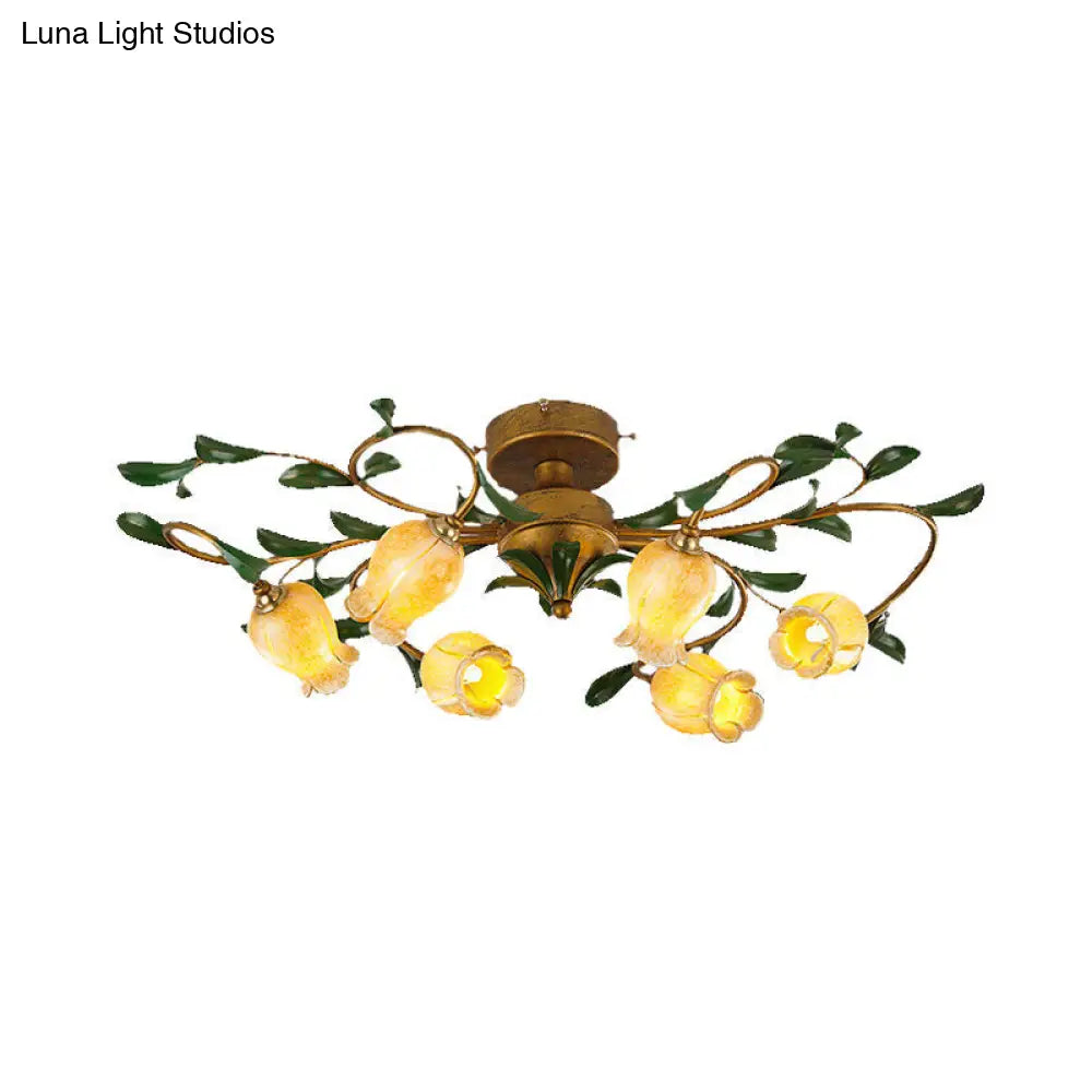 Countryside Lily/Tulip Metal Ceiling Fixture Led Flush Mount Lighting - 6/8 Bulbs Brass Finish