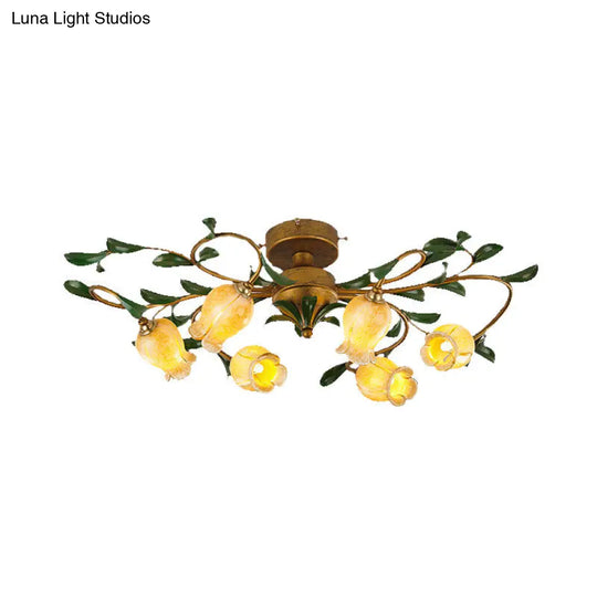 Countryside Lily/Tulip Metal Ceiling Fixture Led Flush Mount Lighting - 6/8 Bulbs Brass Finish