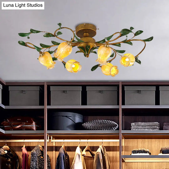 Countryside Lily/Tulip Metal Ceiling Fixture Led Flush Mount Lighting - 6/8 Bulbs Brass Finish 6 / A