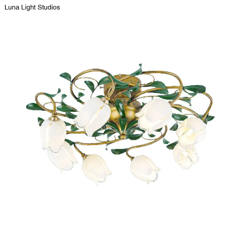 Countryside Lily/Tulip Metal Ceiling Fixture Led Flush Mount Lighting - 6/8 Bulbs Brass Finish