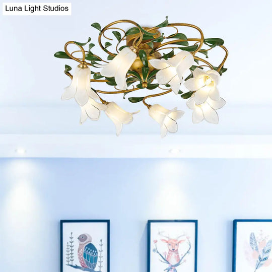 Countryside Lily/Tulip Metal Ceiling Fixture Led Flush Mount Lighting - 6/8 Bulbs Brass Finish