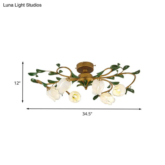 Countryside Lily/Tulip Metal Ceiling Fixture Led Flush Mount Lighting - 6/8 Bulbs Brass Finish