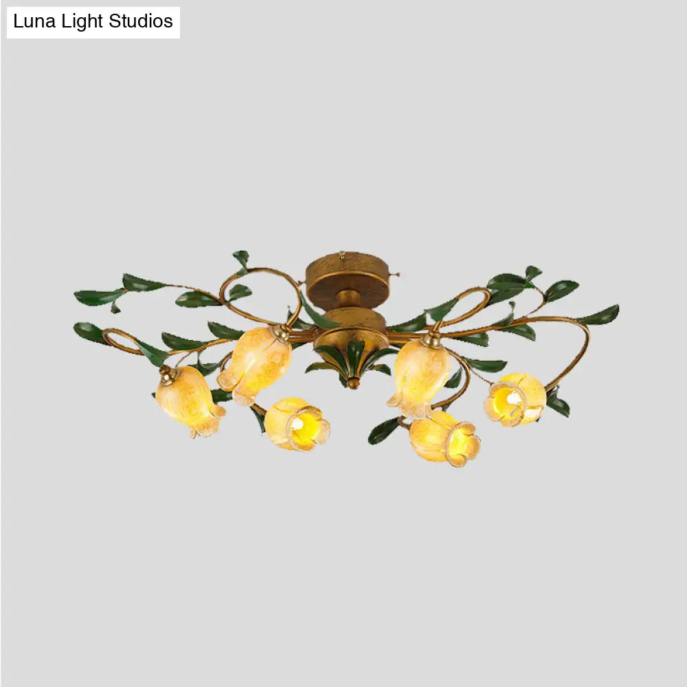 Countryside Lily/Tulip Metal Ceiling Fixture Led Flush Mount Lighting - 6/8 Bulbs Brass Finish