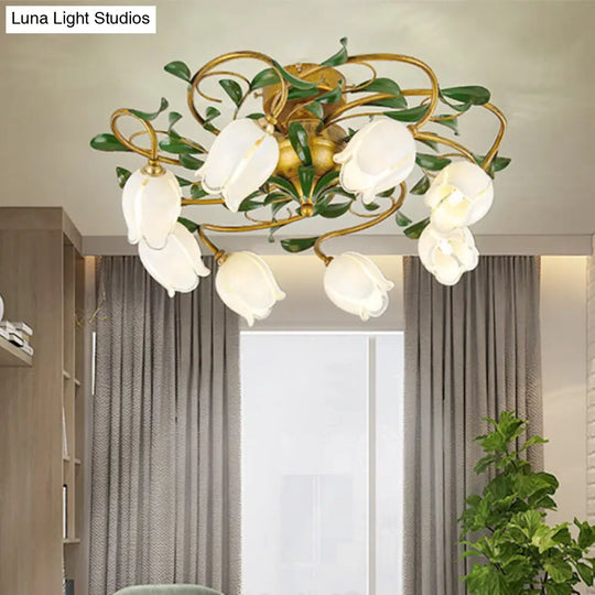 Countryside Lily/Tulip Metal Ceiling Fixture Led Flush Mount Lighting - 6/8 Bulbs Brass Finish 8 / B