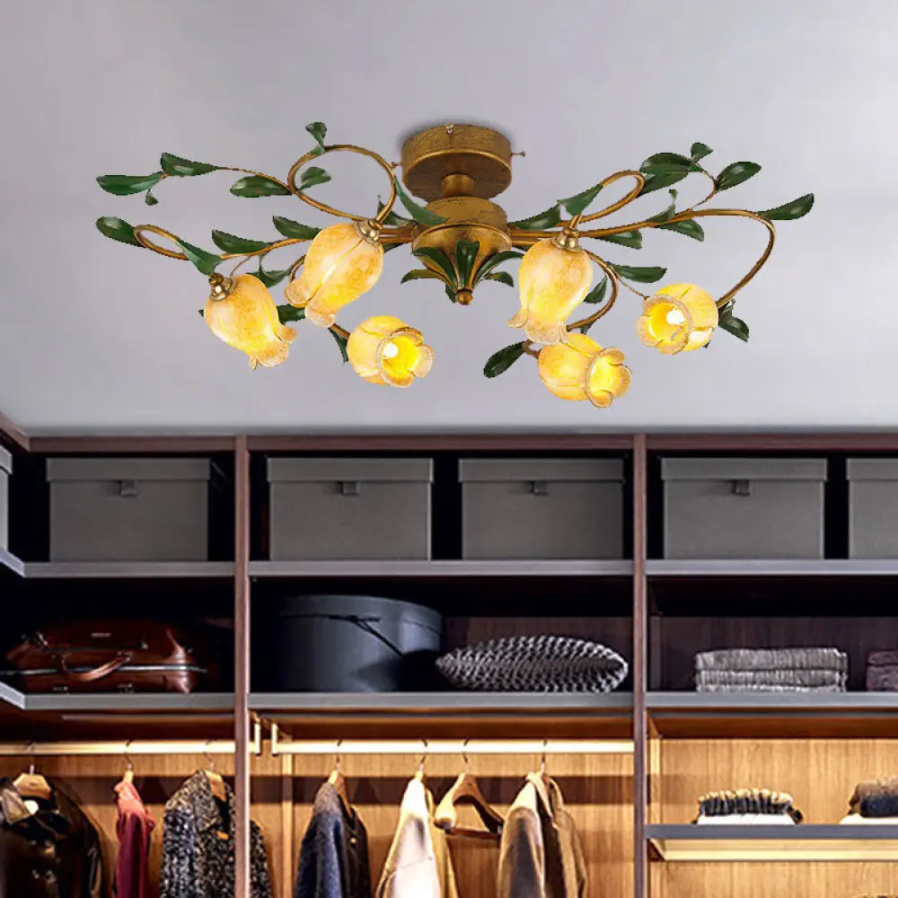 Countryside Lily/Tulip Metal Ceiling Fixture Led Flush Mount Lighting - 6/8 Bulbs Brass Finish 6 / A