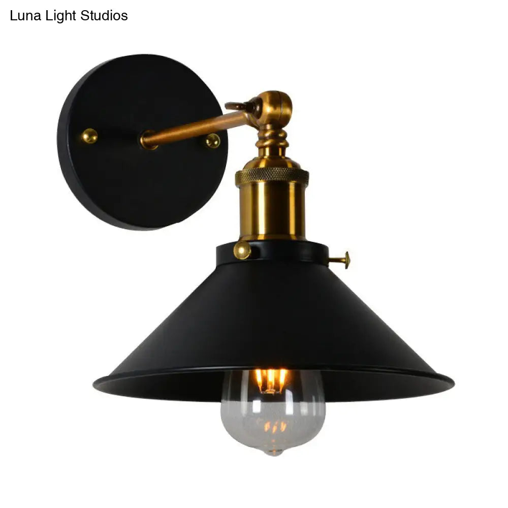 Countryside Metal Cone Kitchen Wall Lamp - Adjustable Joint Black/White-Brass Finish 1-Bulb Mount