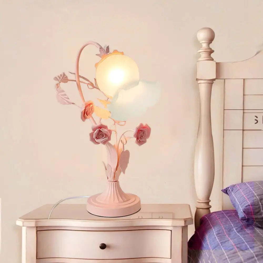 Countryside Opal Frosted Glass Pink Nightstand Lamp - Flower Bedroom Table Light