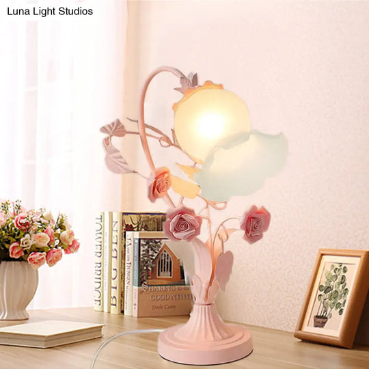 Countryside Opal Frosted Glass Pink Nightstand Lamp - Flower Bedroom Table Light