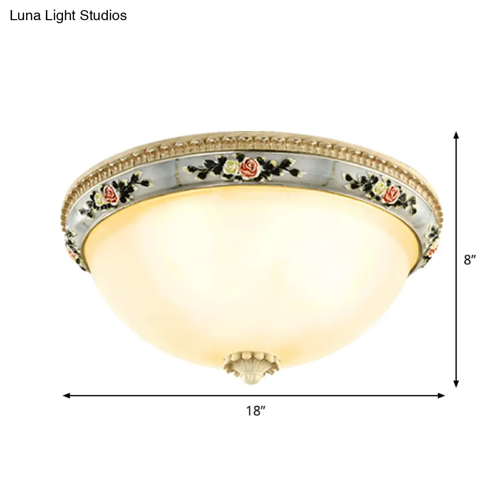 Countryside Opal Glass Grey Flush Mount Dome Ceiling Light Fixture With Floral Trim Decor - 2/3