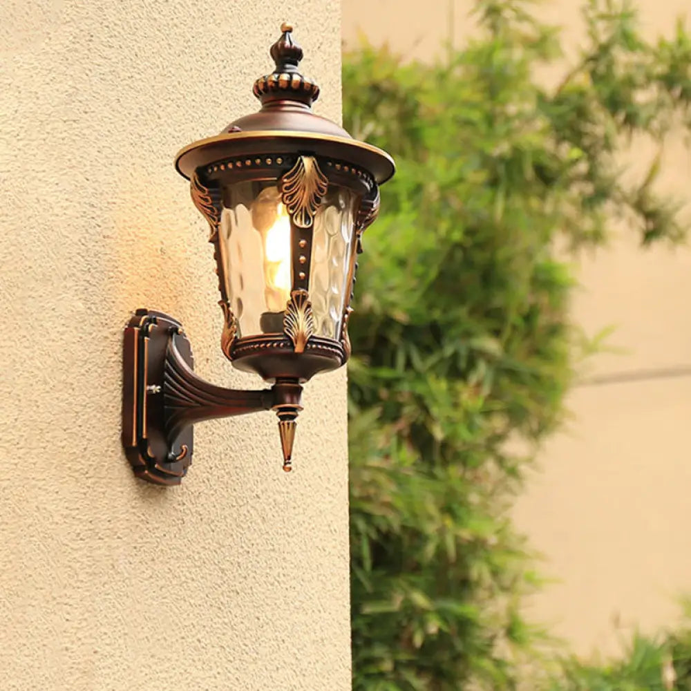 Countryside Outdoor Wall Mounted Lamp With Water Glass Shade - Coffee 1 Bulb Sconce Light Fixture