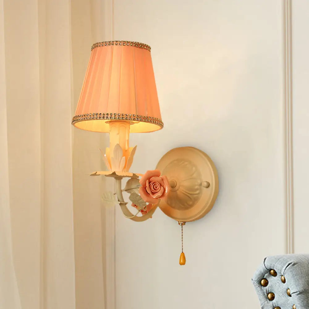 Countryside Pink Metal Sconce Light - Bedroom Wall Mount Lamp With Flower Deco