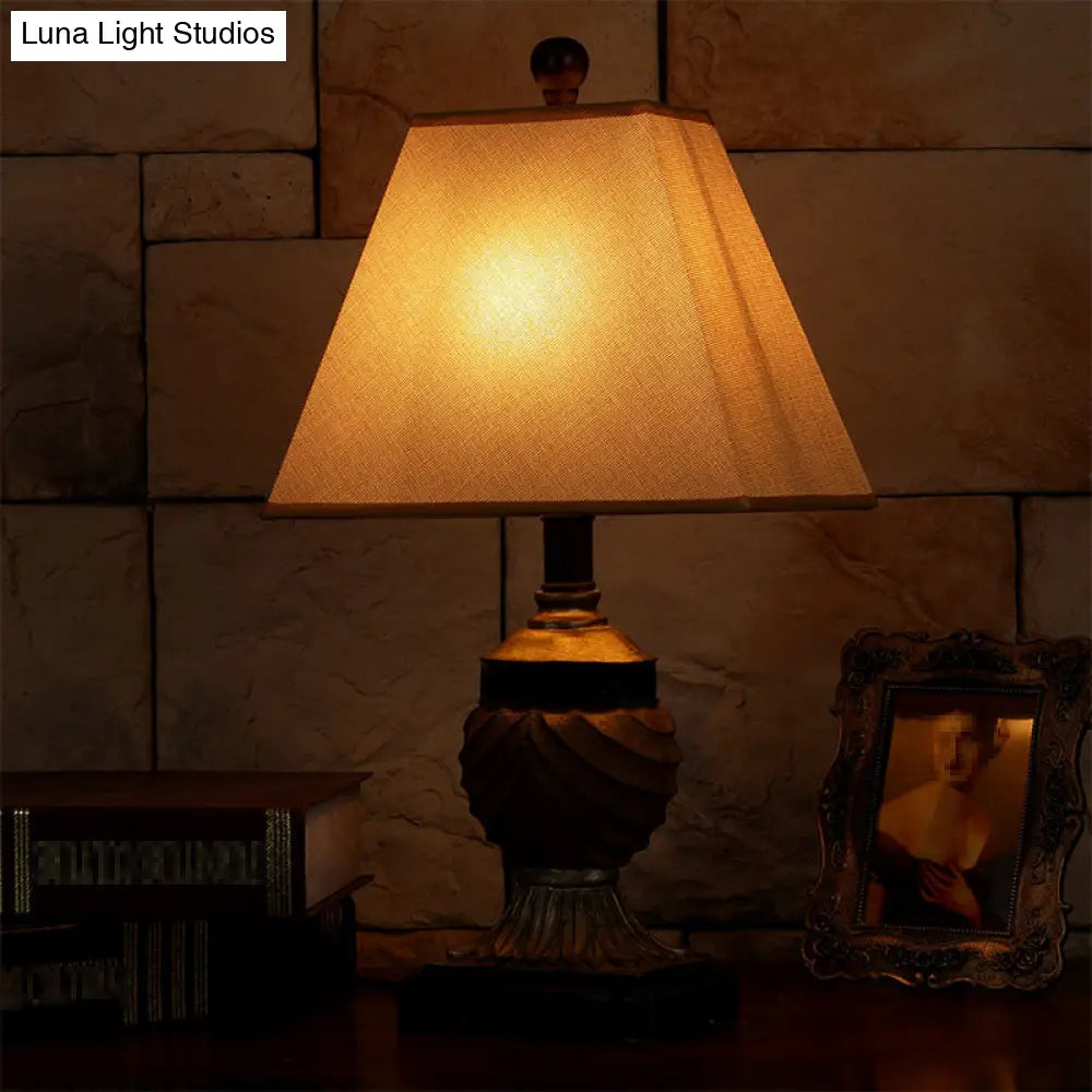 Countryside Resin Table Lamp With Urn-Shaped Base Brown Finish 1 Head And Conical Fabric Shade