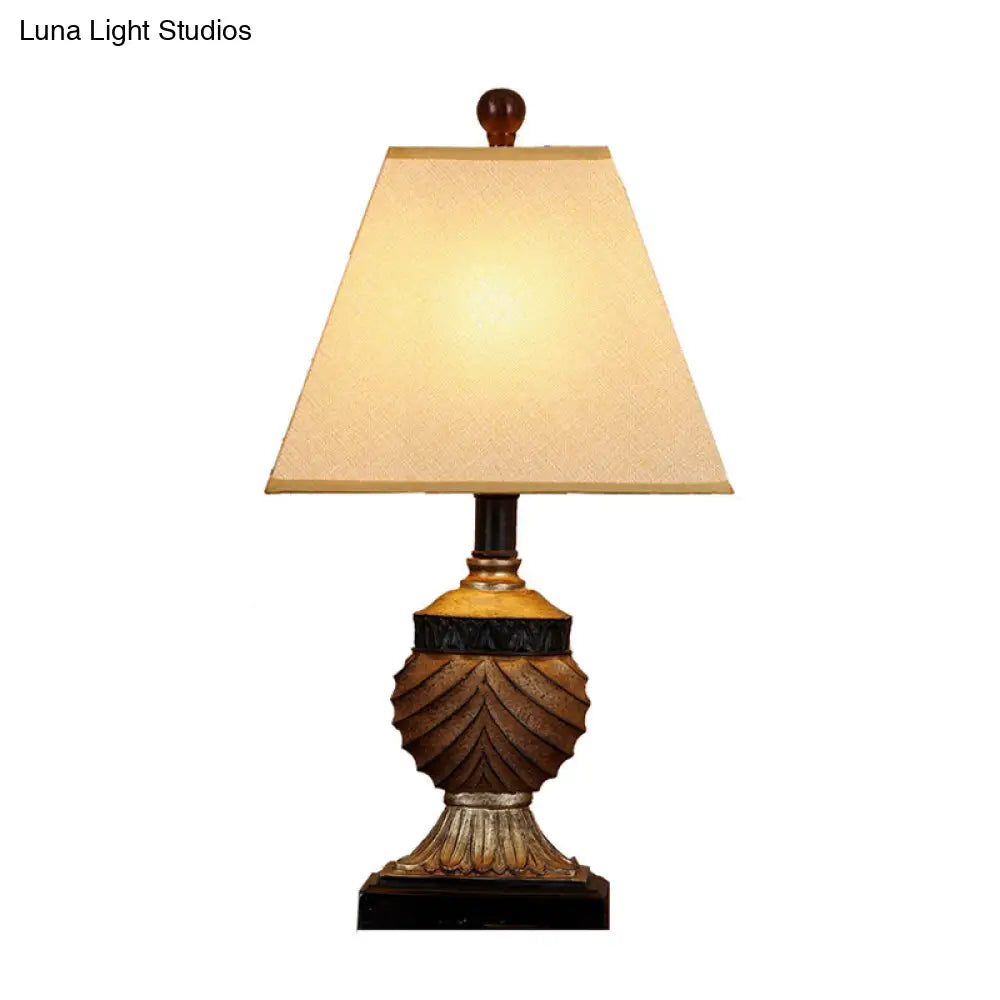 Countryside Resin Table Lamp With Urn-Shaped Base Brown Finish 1 Head And Conical Fabric Shade