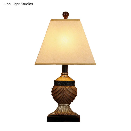 Countryside Resin Table Lamp With Urn-Shaped Base Brown Finish 1 Head And Conical Fabric Shade