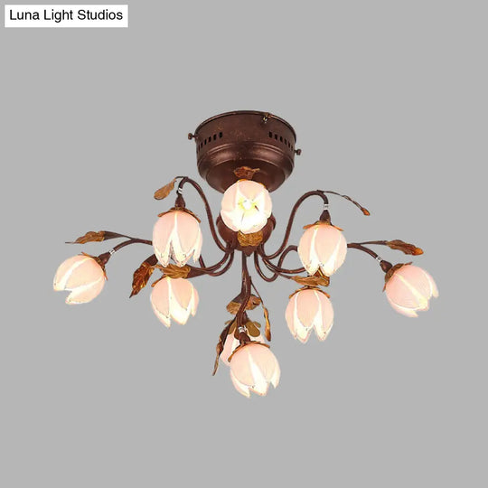 Rustic Pink Glass Ceiling Light With 9 Semi-Flush Mounts - Perfect For Bedroom And Countryside