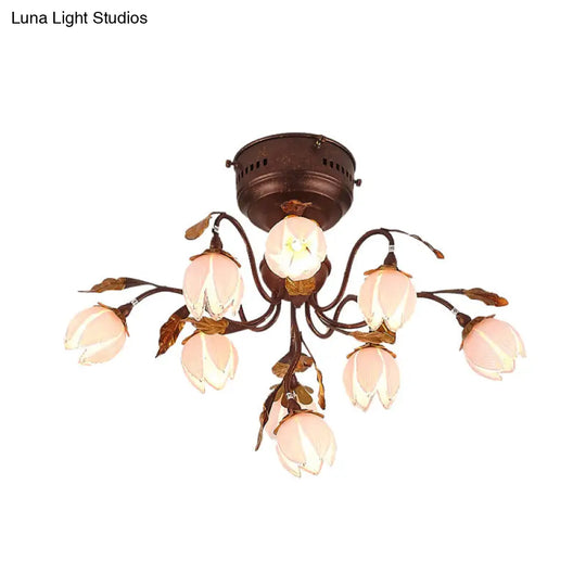 Countryside Rust Ceiling Light With 9 Semi Flush Bedroom Lights And Flower Pink Glass Shade