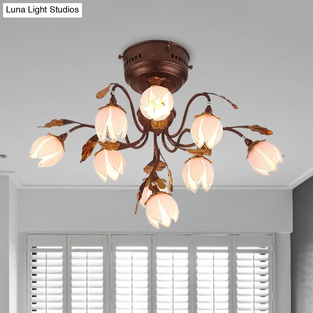 Countryside Rust Ceiling Light With 9 Semi Flush Bedroom Lights And Flower Pink Glass Shade