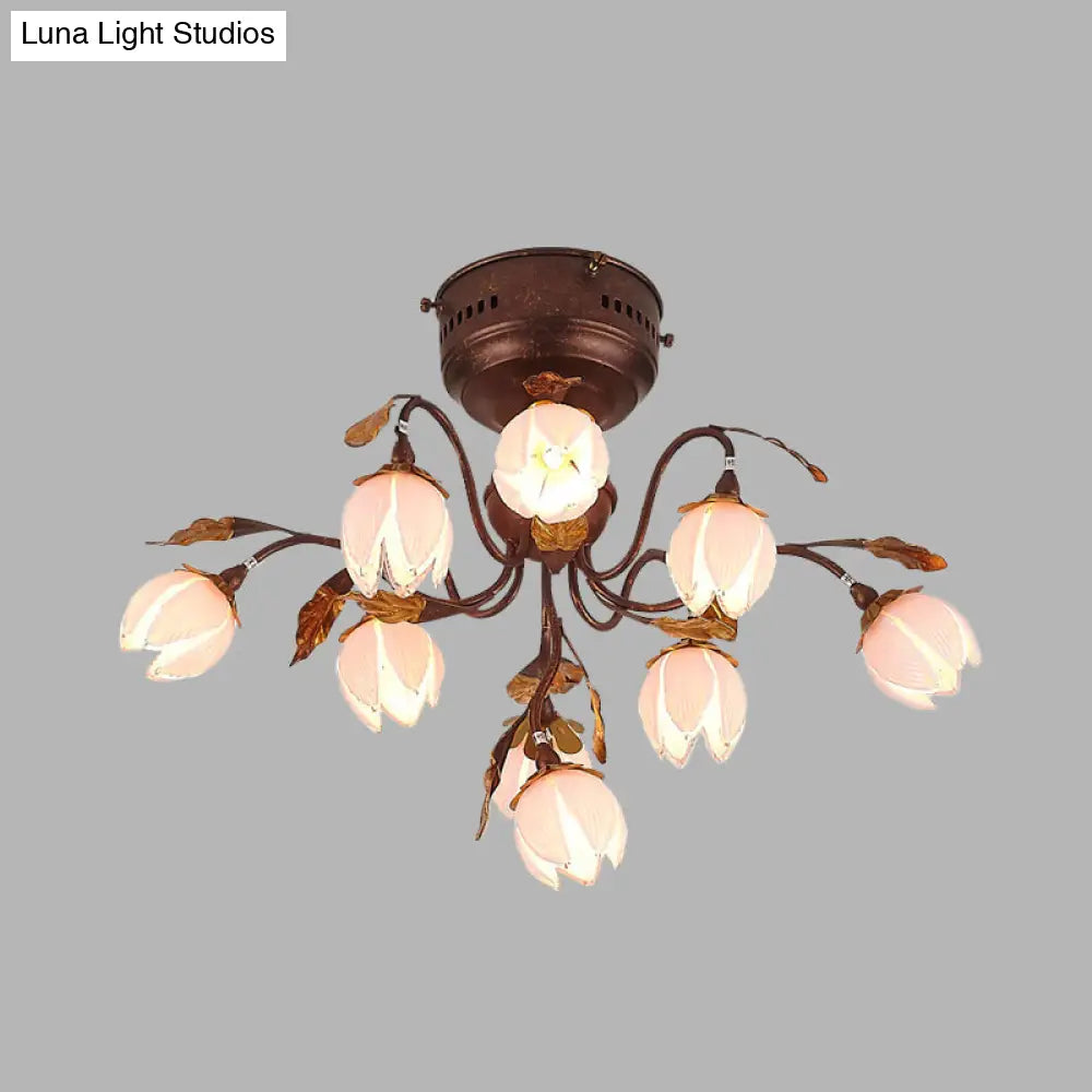 Countryside Rust Ceiling Light With 9 Semi Flush Bedroom Lights And Flower Pink Glass Shade