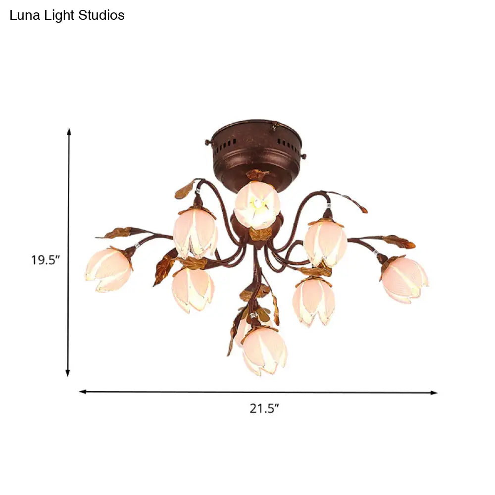 Countryside Rust Ceiling Light With 9 Semi Flush Bedroom Lights And Flower Pink Glass Shade