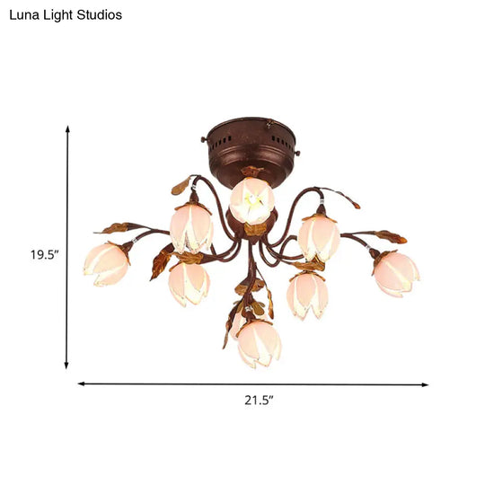 Countryside Rust Ceiling Light With 9 Semi Flush Bedroom Lights And Flower Pink Glass Shade