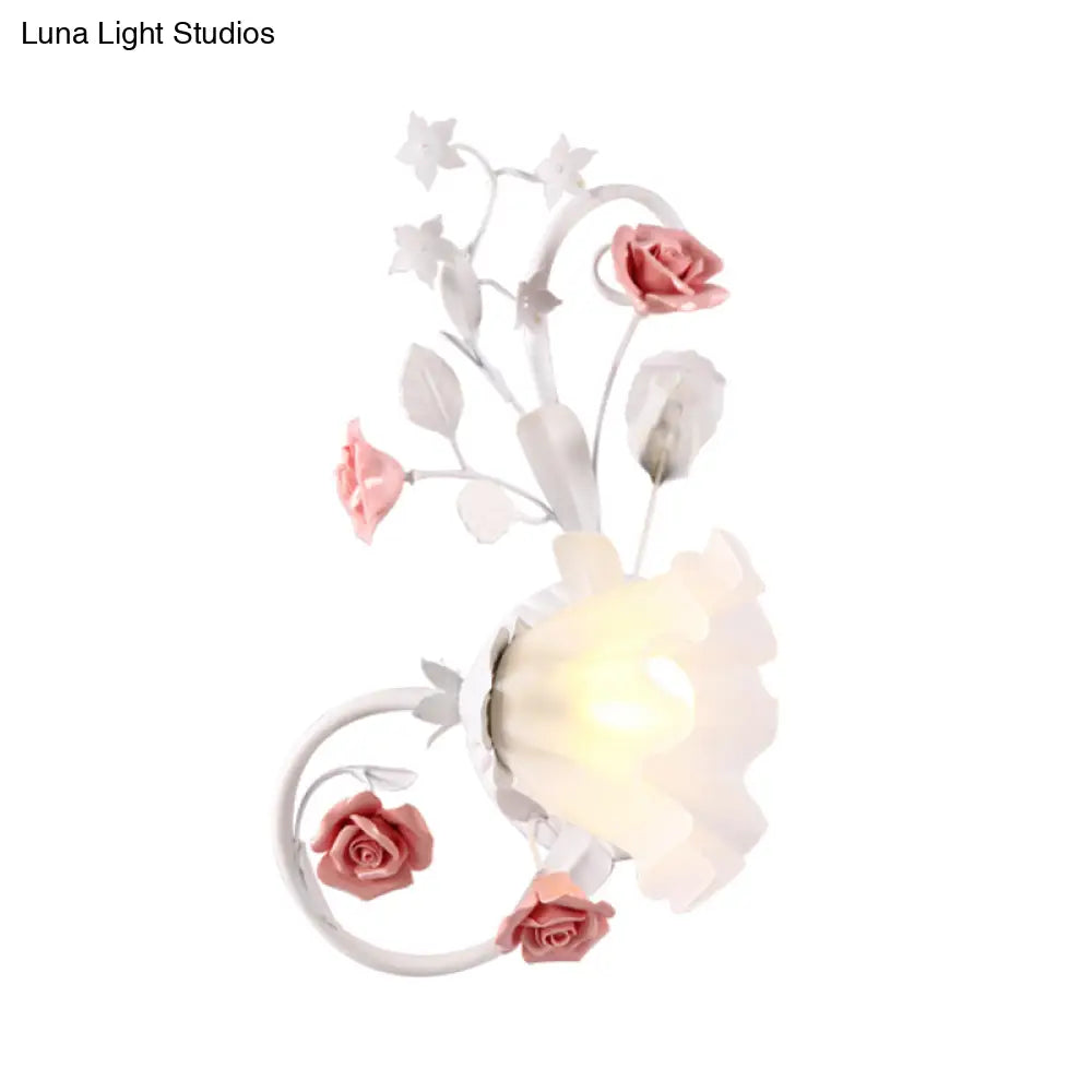 Countryside Scalloped Wall Lighting - Elegant White Glass Lamp With Pink Rose Bedroom Mounted