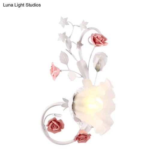 Countryside Scalloped Wall Lighting - Elegant White Glass Lamp With Pink Rose Bedroom Mounted