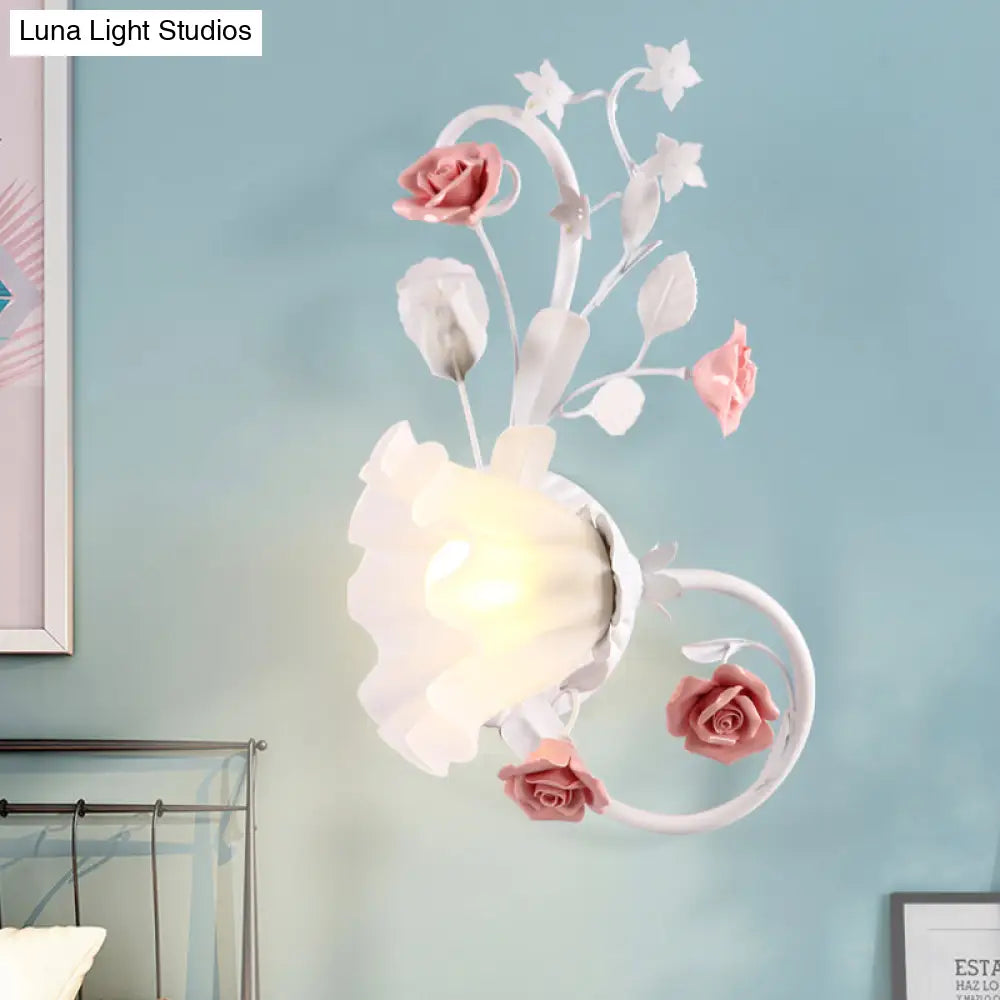 Countryside Scalloped Wall Lighting - Elegant White Glass Lamp With Pink Rose Bedroom Mounted