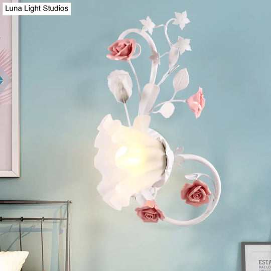 Countryside Scalloped Wall Lighting - Elegant White Glass Lamp With Pink Rose Bedroom Mounted