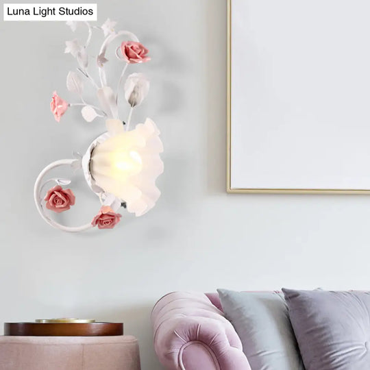 Countryside Scalloped Wall Lighting - Elegant White Glass Lamp With Pink Rose Bedroom Mounted