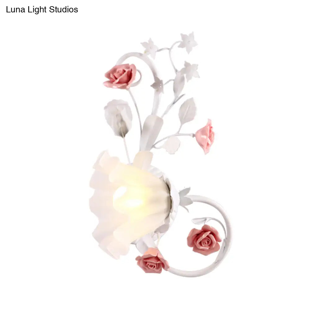 Countryside Scalloped Wall Lighting - Elegant White Glass Lamp With Pink Rose Bedroom Mounted