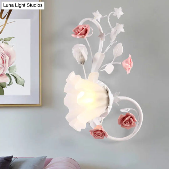 Countryside Scalloped Wall Lighting - Elegant White Glass Lamp With Pink Rose Bedroom Mounted