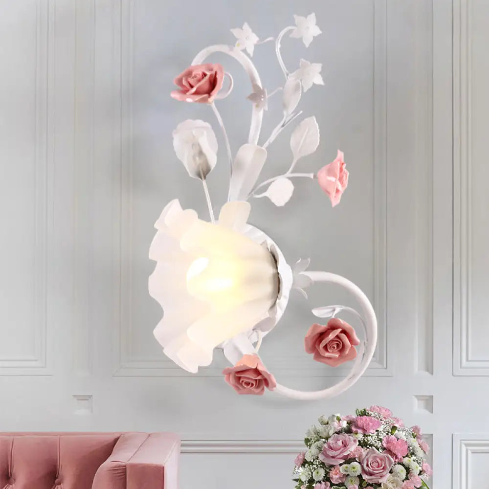 Countryside Scalloped Wall Lighting - Elegant White Glass Lamp With Pink Rose Bedroom Mounted