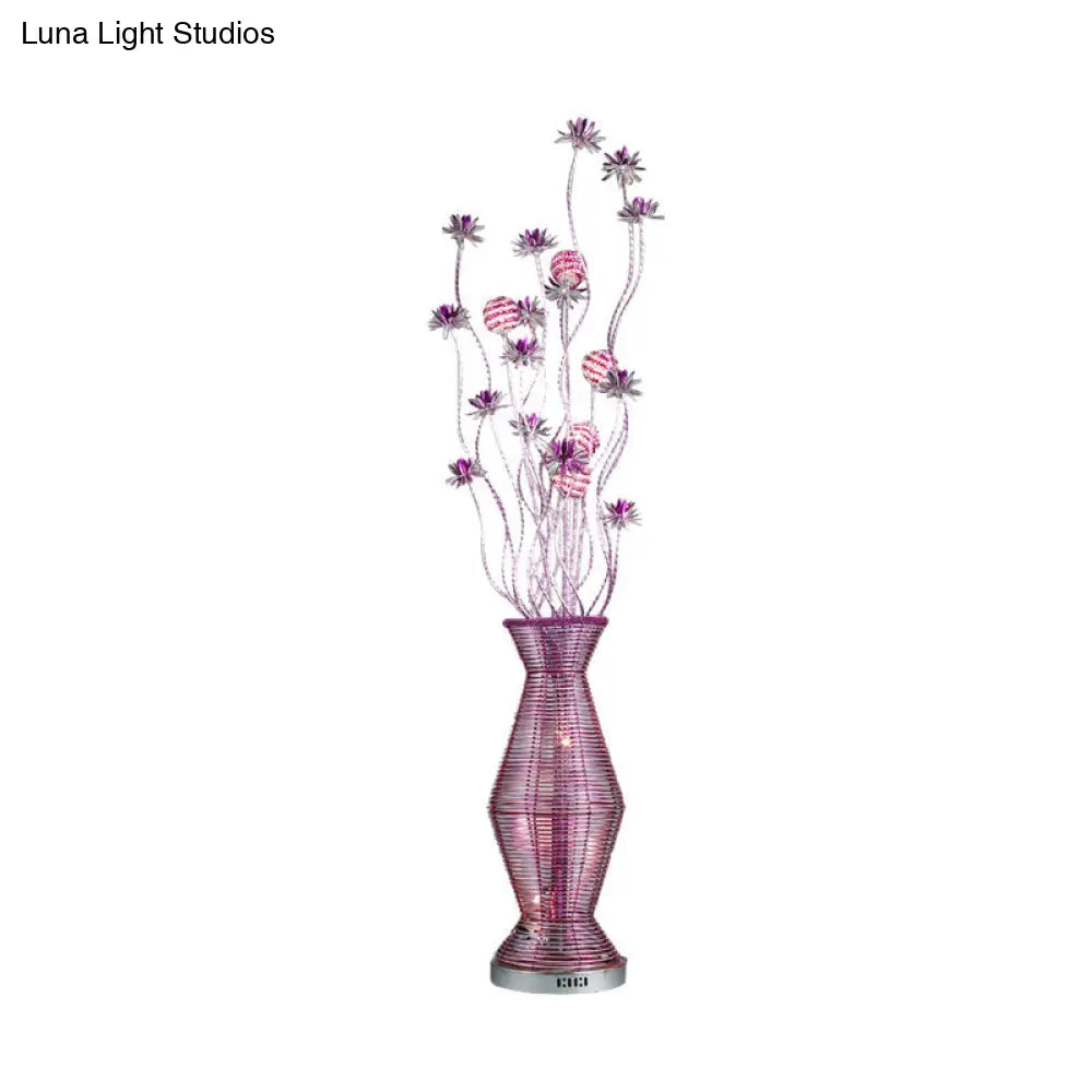 Countryside Vase Led Floor Lamp In Purple For Living Room - Stylish Light Aluminum Wire Floral Stand