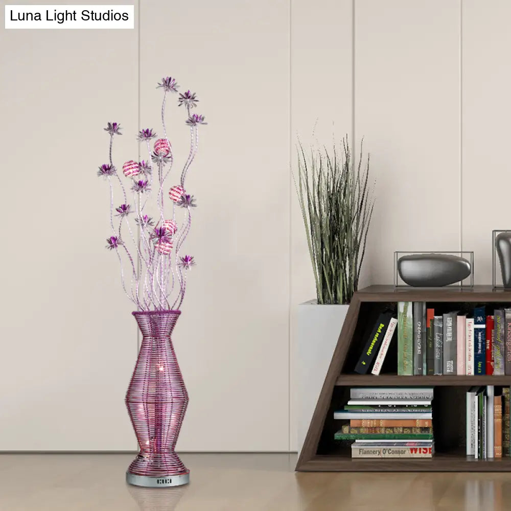 Countryside Vase Led Floor Lamp In Purple For Living Room - Stylish Light Aluminum Wire Floral Stand